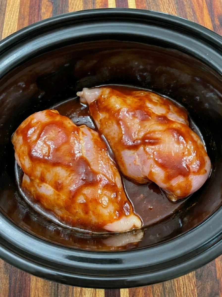 Two raw chicken breasts coated with smoky barbecue sauce inside a slow cooker