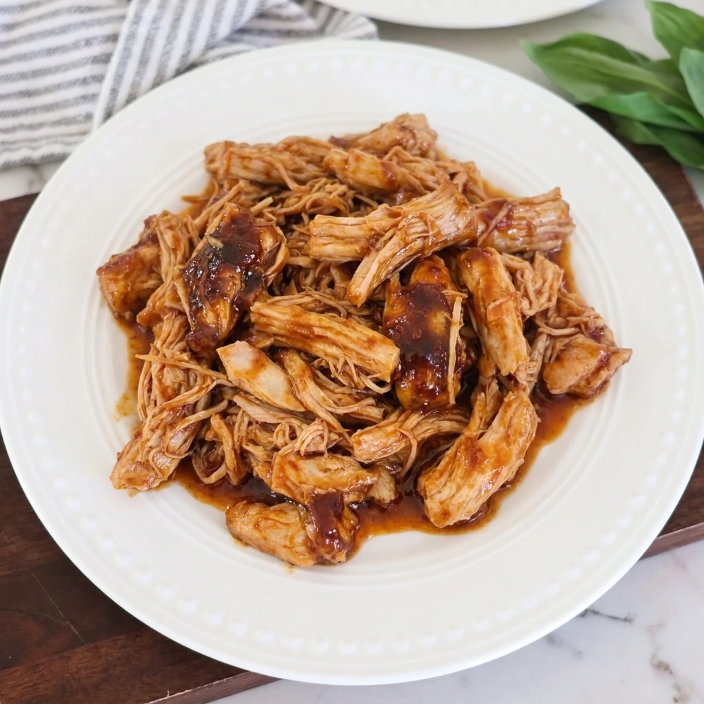 Tender shredded Crockpot BBQ Chicken coated in glossy smoky barbecue sauce on a white serving plate