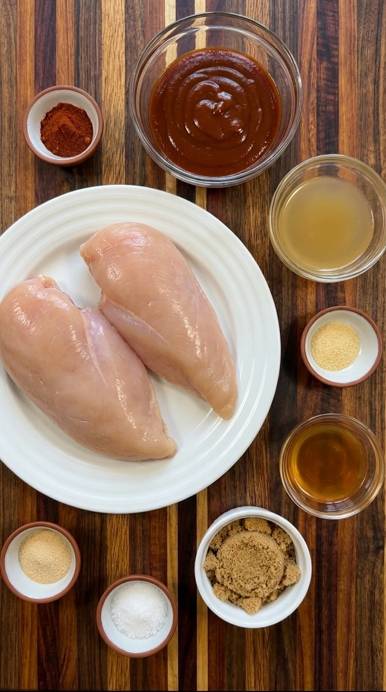 Raw chicken breasts and measured barbecue sauce with broth and seasonings for Crockpot BBQ Chicken