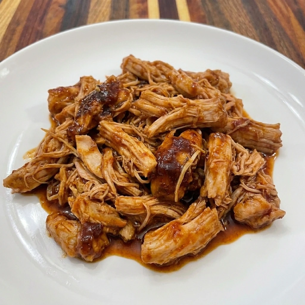 Single portion of juicy shredded Crockpot BBQ Chicken with rich barbecue sauce