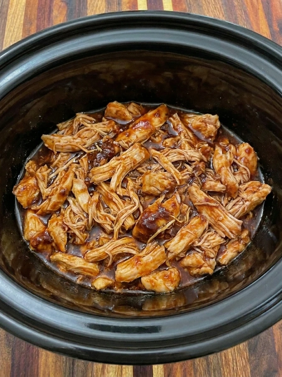 Tender Crockpot BBQ Chicken shredded and mixed into thick barbecue sauce