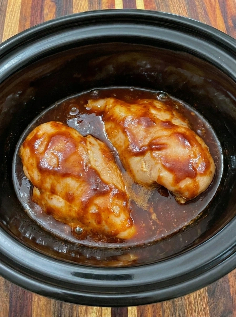 Fully cooked tender chicken breasts simmering in barbecue sauce inside a crockpot