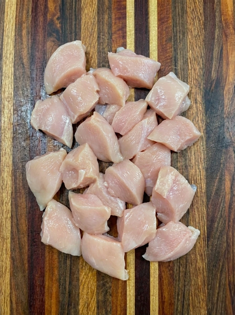 Raw chicken breasts cut into bite-sized pieces for Crockpot Orange Chicken