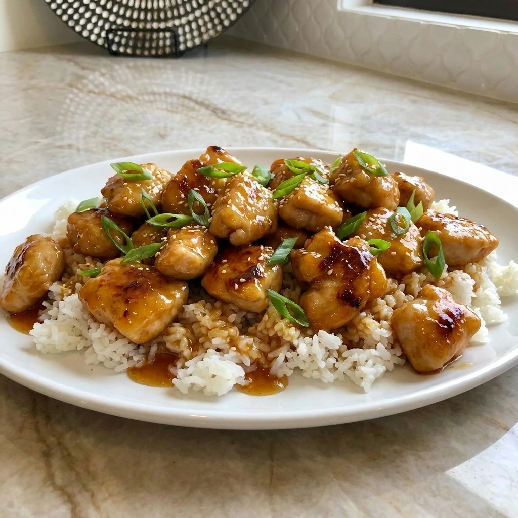 Crockpot Orange Chicken with glossy orange sauce over fluffy white rice and green onions