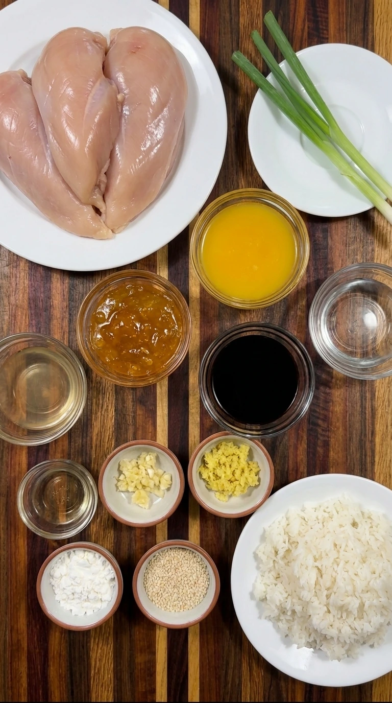 Ingredients for Crockpot Orange Chicken in individual small bowls and plates