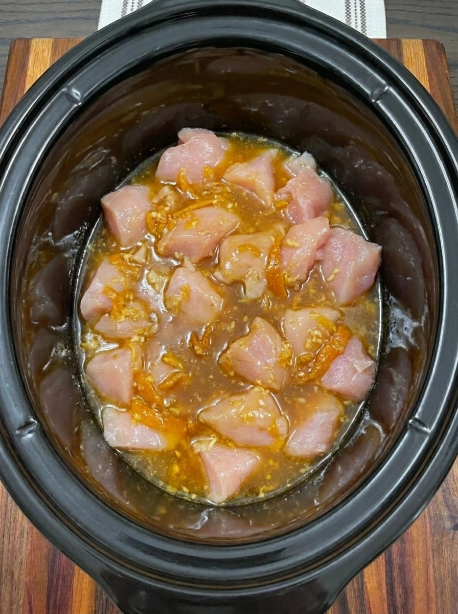 Raw chicken coated with orange sauce inside a slow cooker