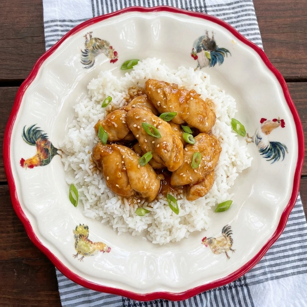 Single serving of glossy orange chicken over white rice with sesame seeds