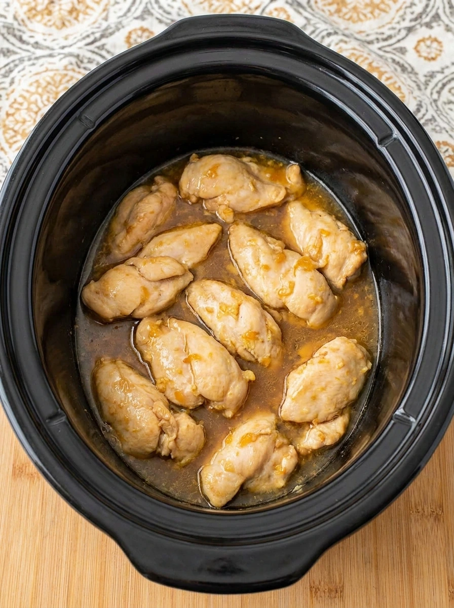 Tender fully cooked orange chicken in thin citrus sauce inside a slow cooker