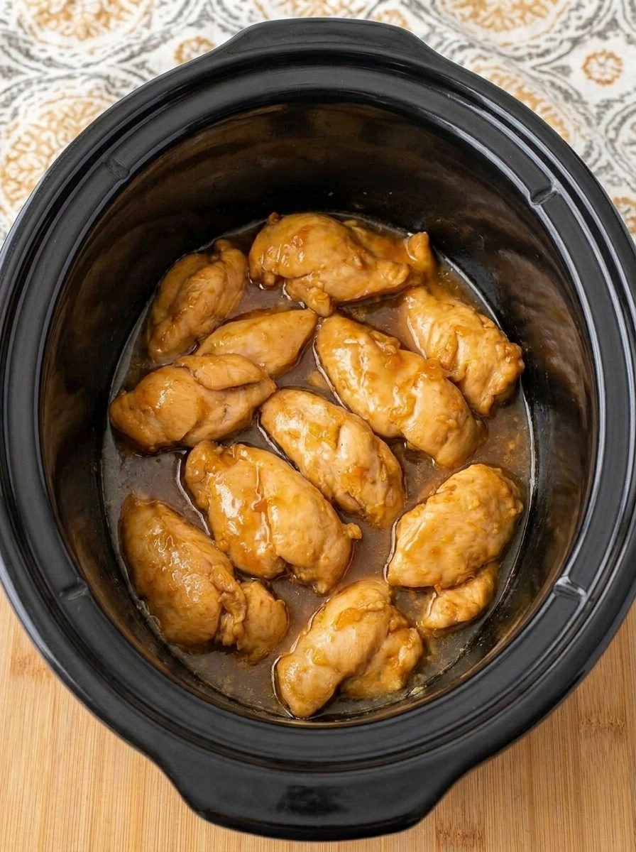Cooked orange chicken coated in a thick glossy citrus glaze