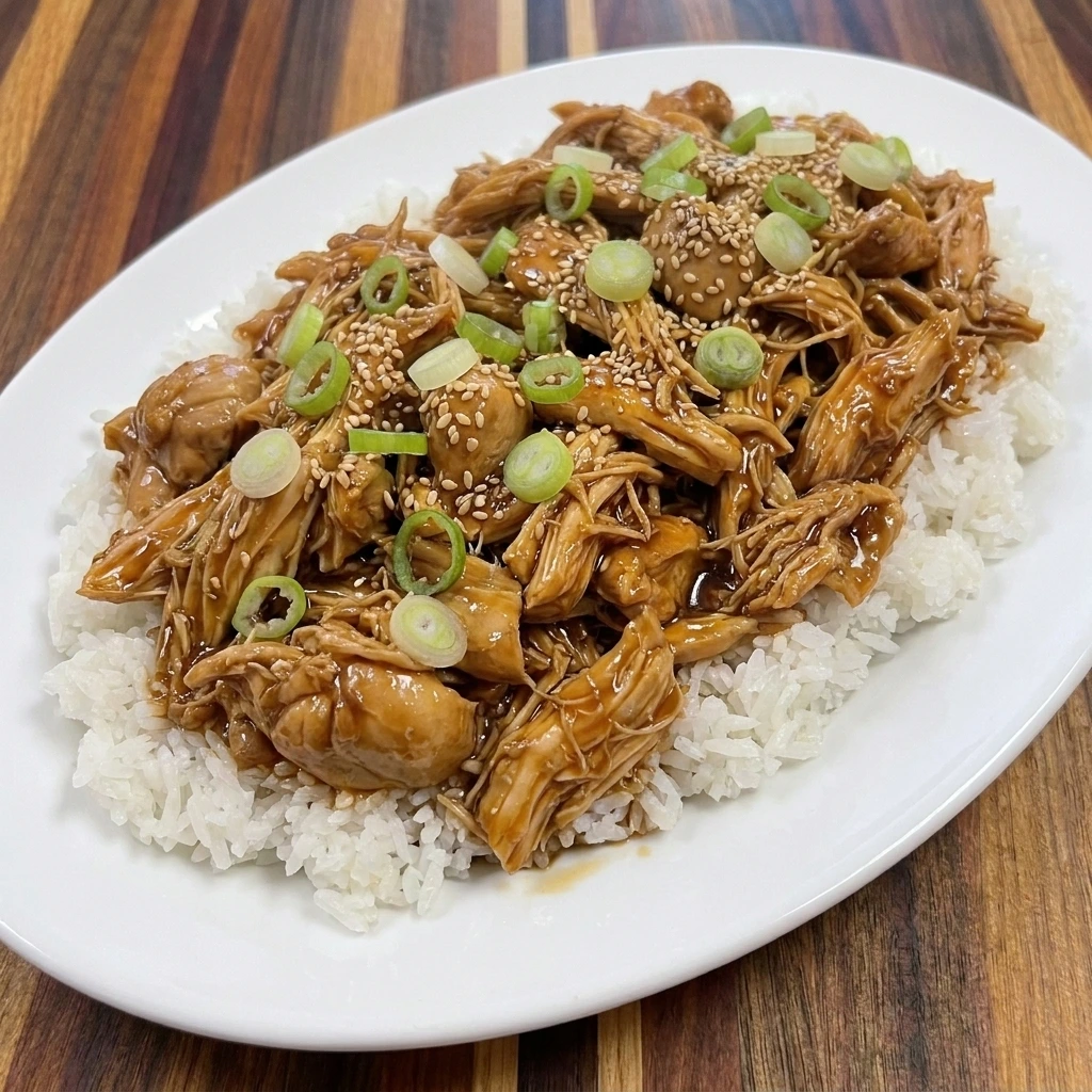 Crockpot Teriyaki Chicken with glossy homemade sauce over white rice and green onions