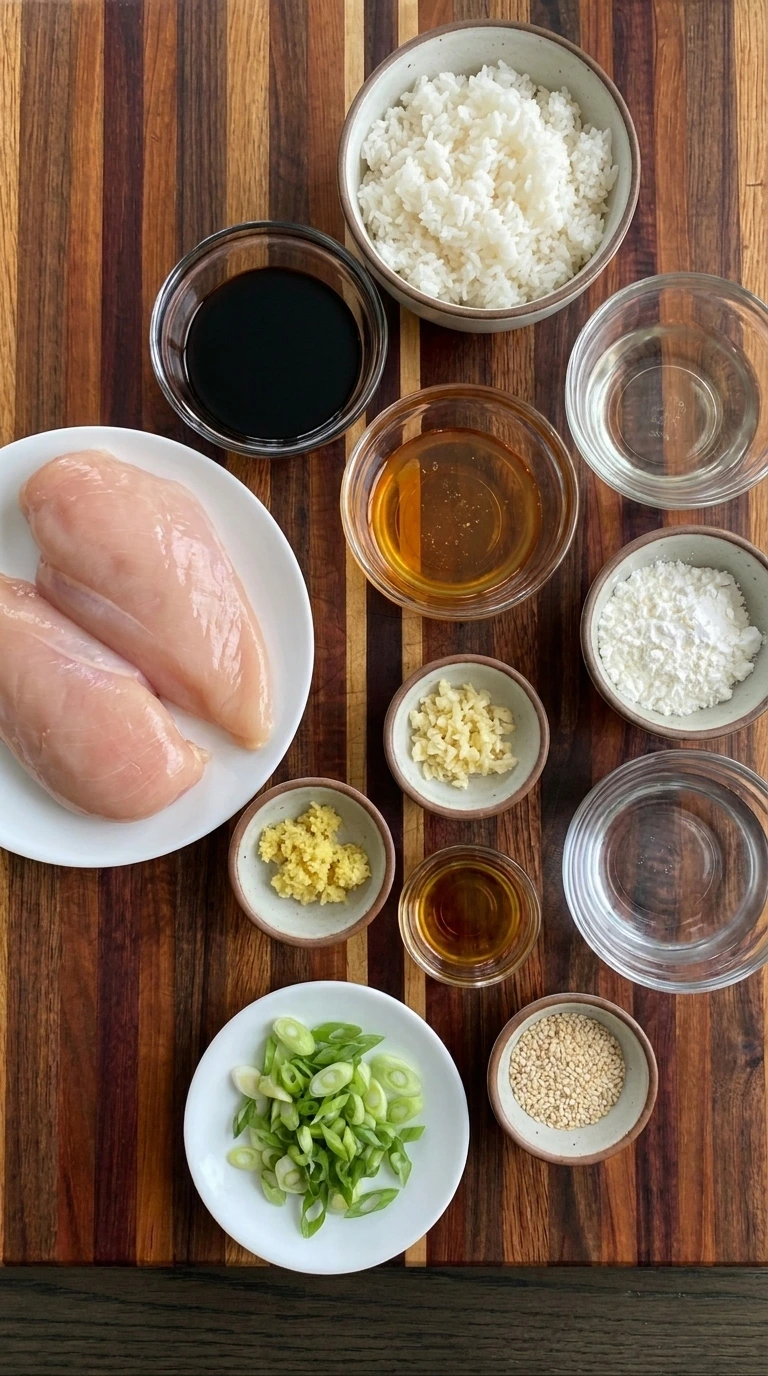 Ingredients for Crockpot Teriyaki Chicken arranged in separate small bowls and plates