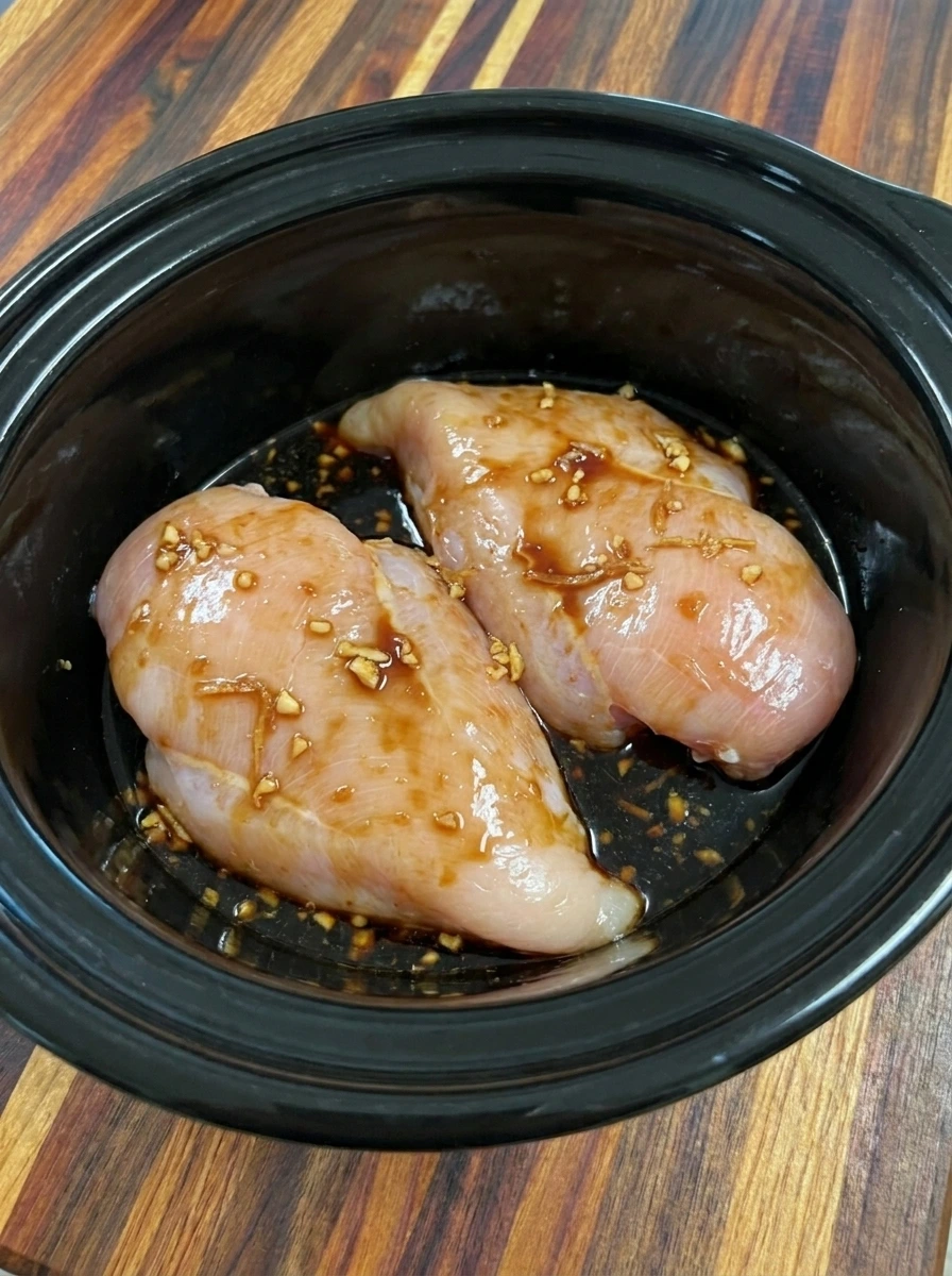 Two raw chicken breasts coated with teriyaki sauce inside a slow cooker