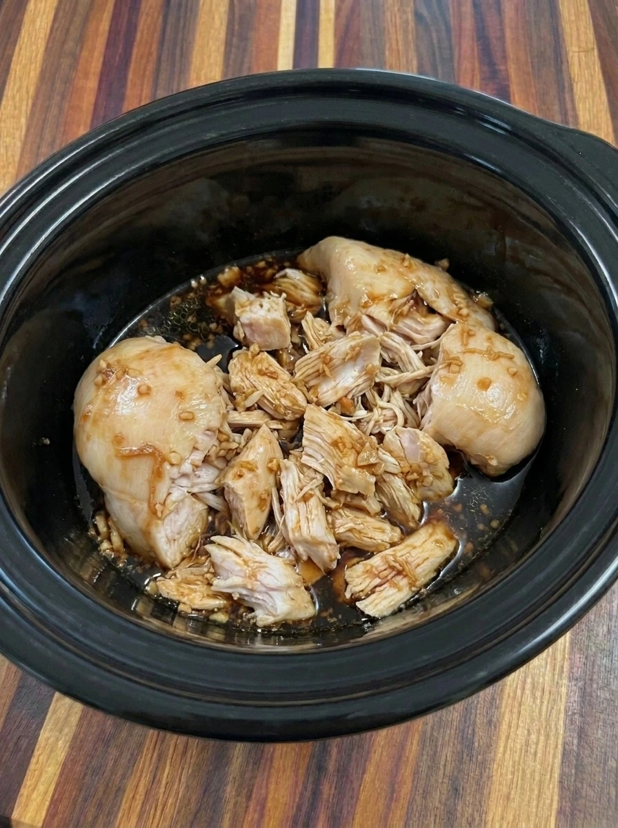 Cooked Crockpot Teriyaki Chicken shredded into tender pieces in its cooking sauce