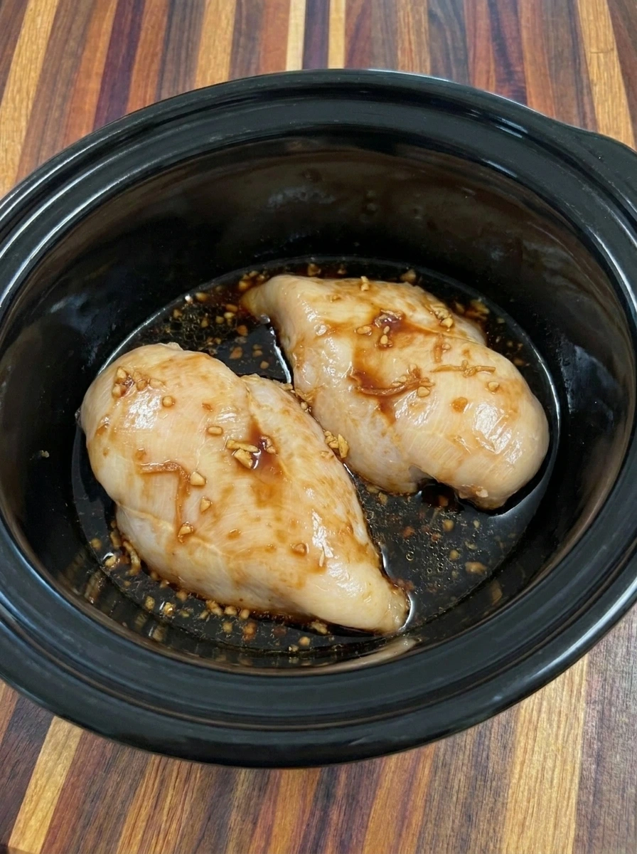 Tender cooked teriyaki chicken breasts inside a slow cooker with dark sauce