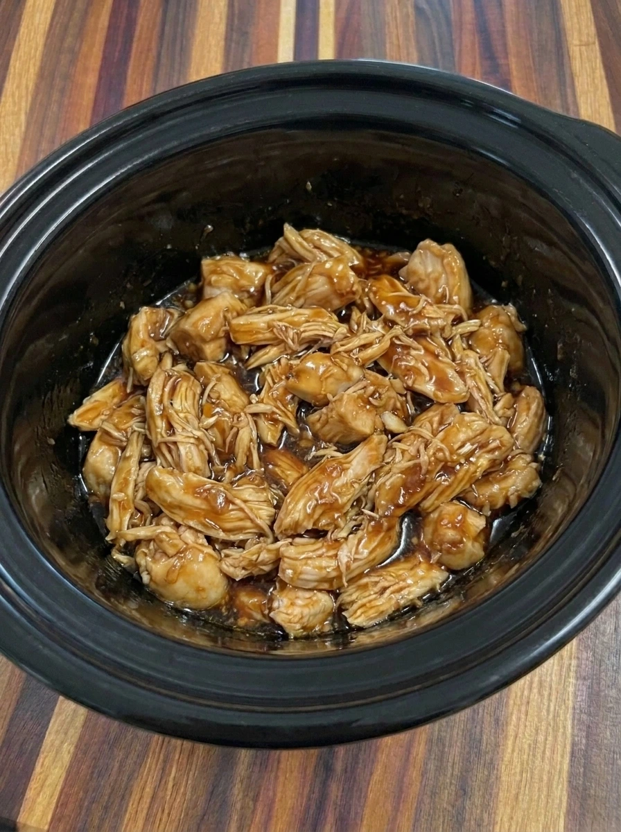 Shredded teriyaki chicken coated in thick glossy homemade sauce