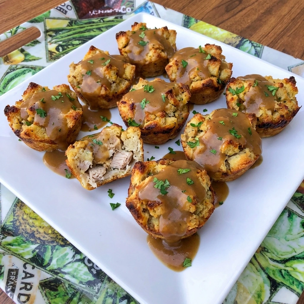 Golden turkey and stuffing cups topped with savory brown gravy and fresh parsley on a white serving plate