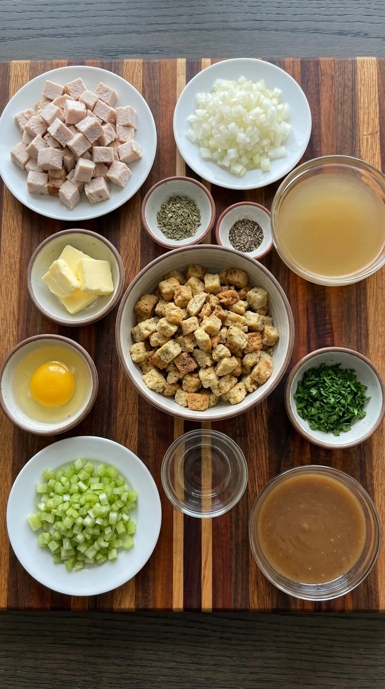 Measured ingredients for turkey and stuffing cups including turkey and stuffing mix and vegetables and broth and gravy