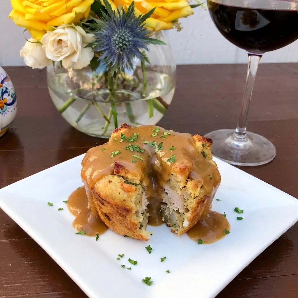 Single golden turkey stuffing cup cut open and served with brown gravy and parsley
