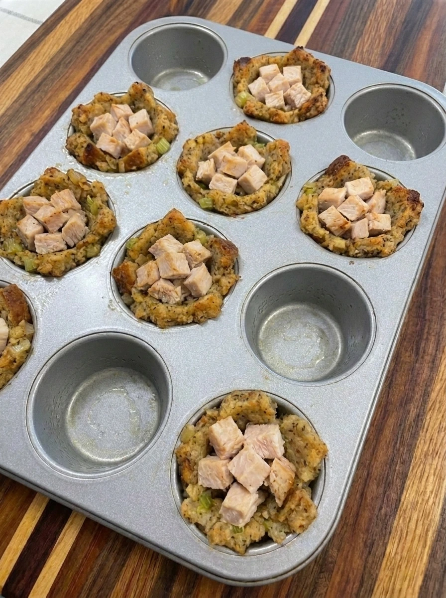 Eight baked turkey and stuffing cups with golden edges in a muffin tin