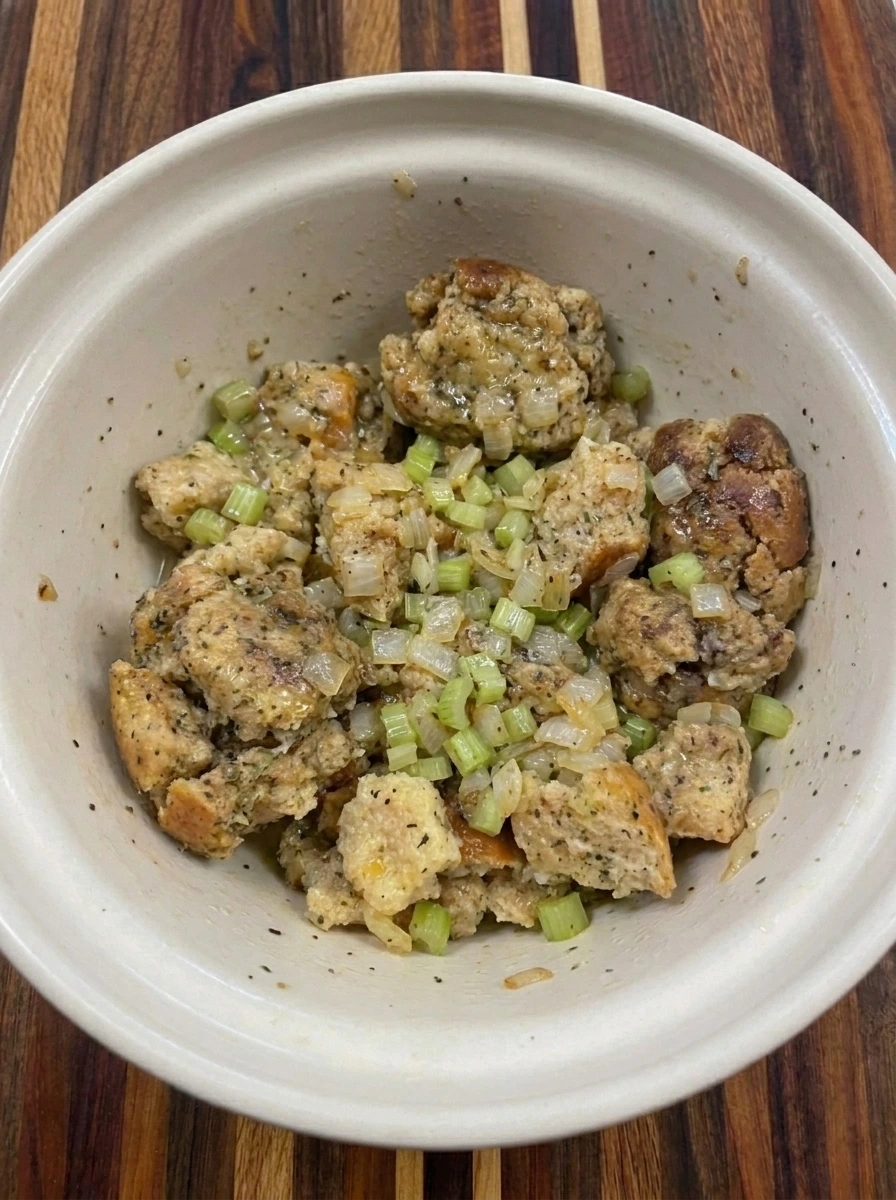Moist stuffing mixture folded with beaten egg until it holds together