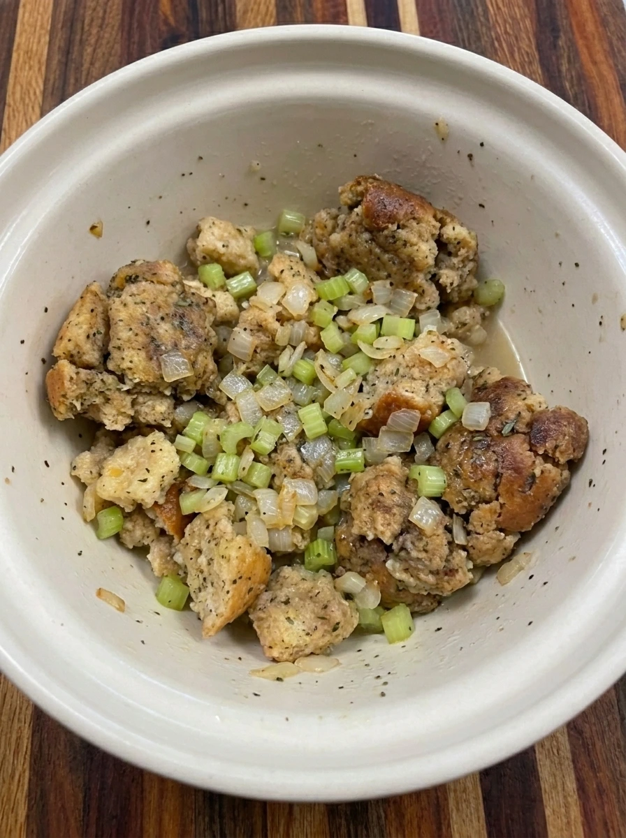 Seasoned stuffing mix combined with chicken broth and cooked onion and celery