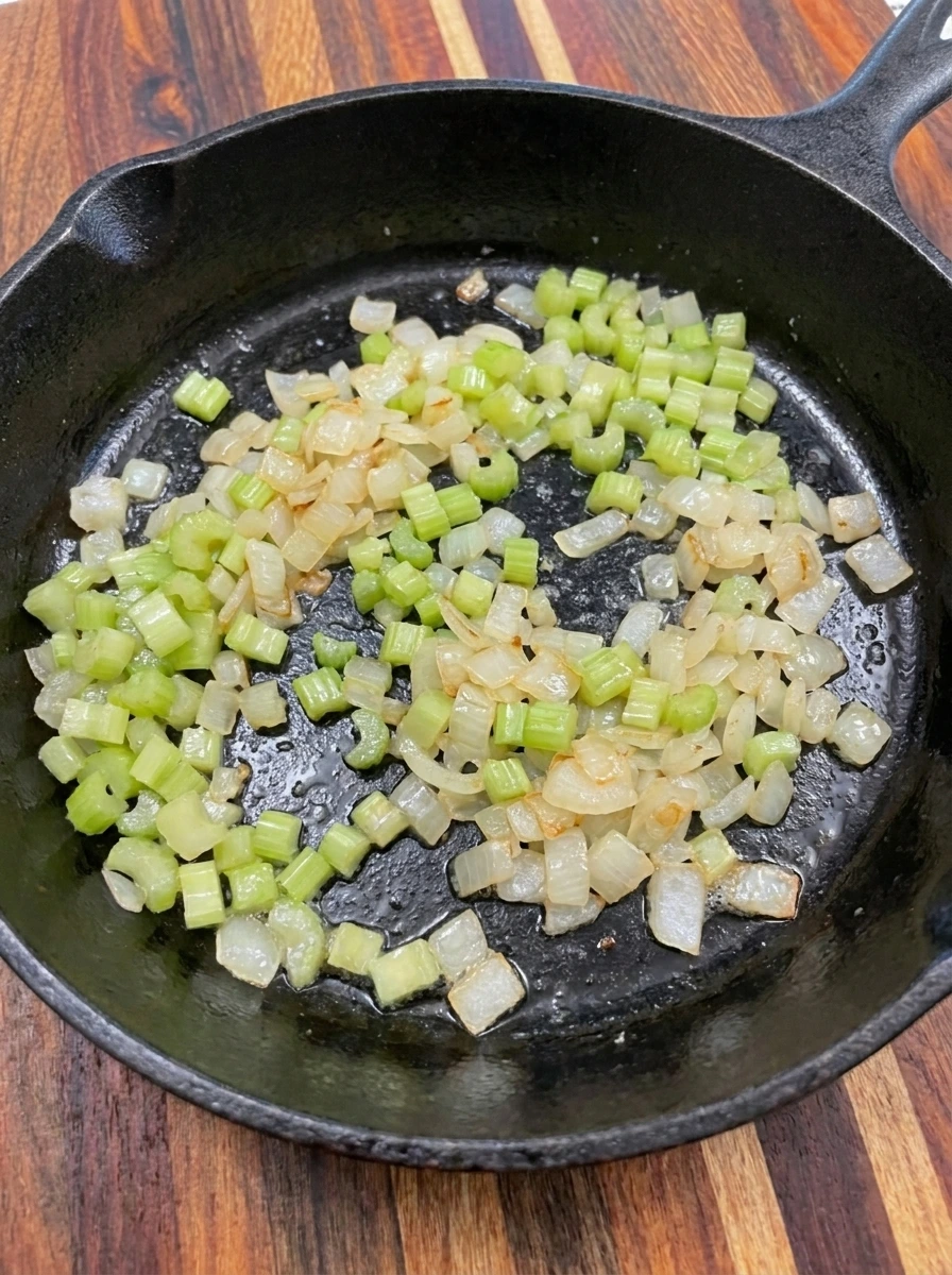 Finely diced onion and celery softened in butter in a cast iron skillet