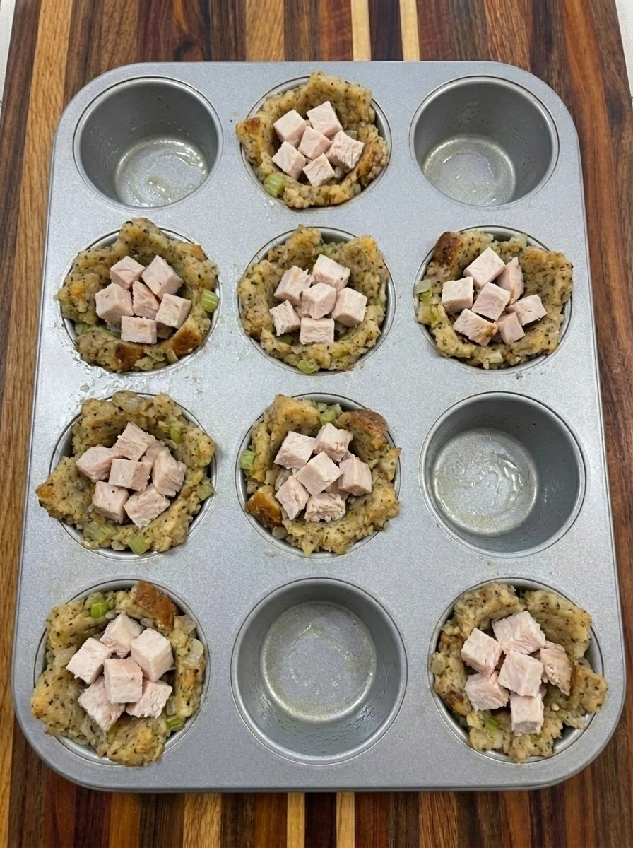 Eight unbaked stuffing cups filled with diced cooked turkey in a muffin tin